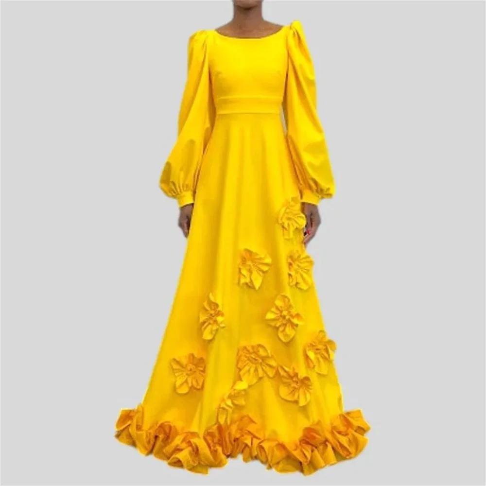 

LUNAFLEYA Luxury Flowers O Neck Long Puff Sleeve A Line Long Evening Dress For Woman Floor Length Fashion Classy Prom Gown