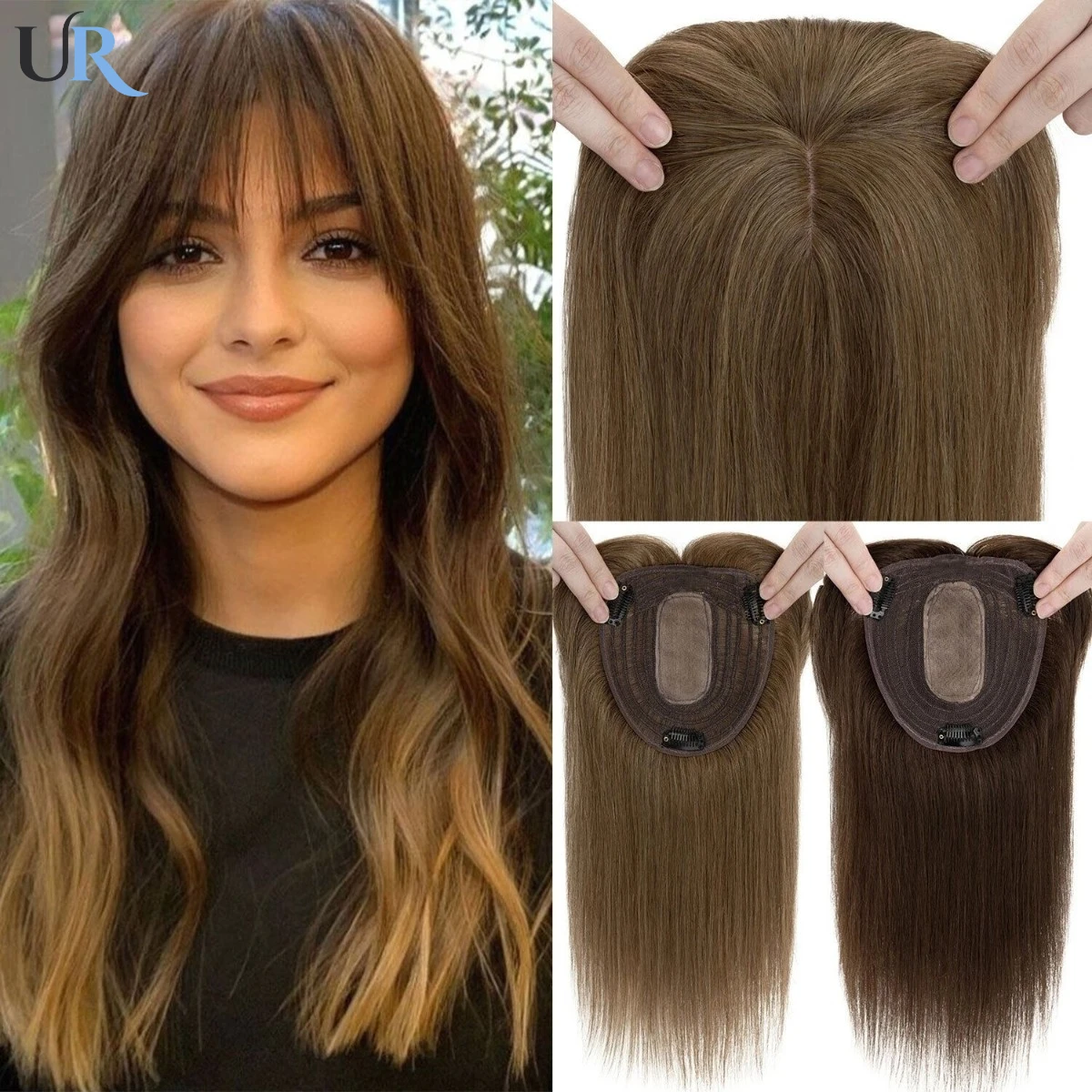 Adorno de cabello humano para mujer, adornos naturales con flequillo, pelucas de cabello humano 100%, pelo liso, Base de seda rubia, Clips en postizos