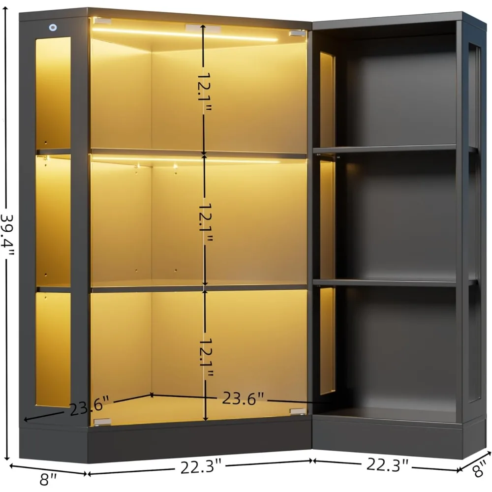 Corner Curio Cabinet with Glass Doors and LED Lights for Collectibles Display Storage Living Room Black