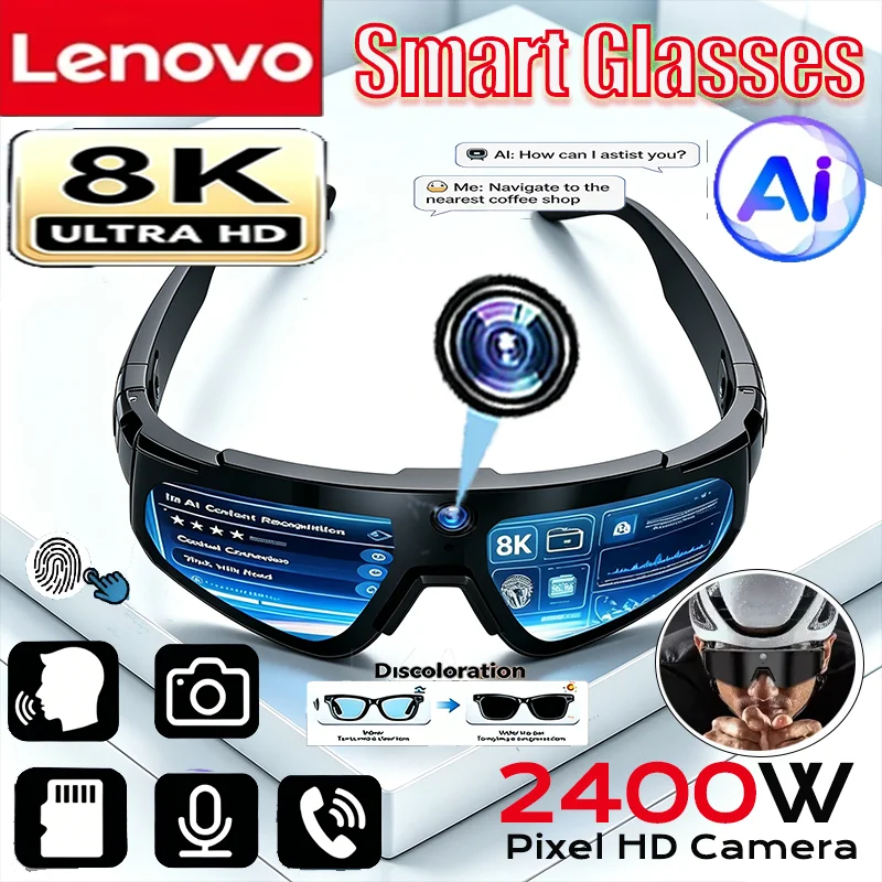 Lenovo 8K Camera 2400W AI Smart Glasses Anti-shake Cycling ChatGPT Video Photo Sport Sunglasses DualMic 1TB Windproof Goggles