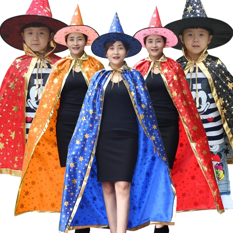 

Adult Halloween Cloak with Hat Star Pattern for Boy Girl Lace Up Carnival Robe Wizard Pumpkin Costume