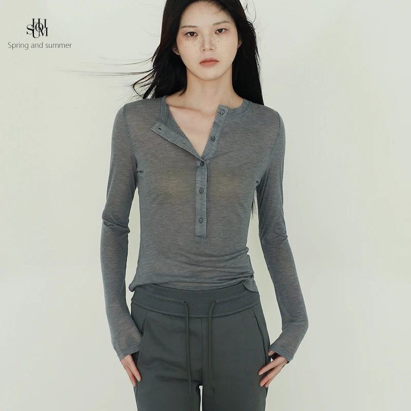 

uomi American Retro Lightweight Henry Collar Long Sve Women's T-irt Summer Thin Sun Protection Silk Street Sle Top