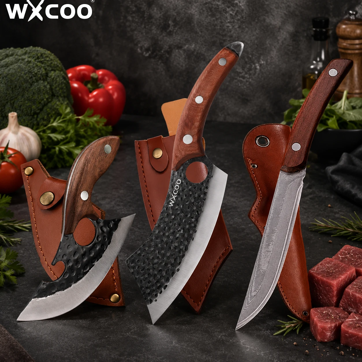 WXCOO Kitchen Knife with Cover Handmade Forged Boning Knife Fruit Cutter Cleaver Knife with Wooden Handle Kitchen Accessories