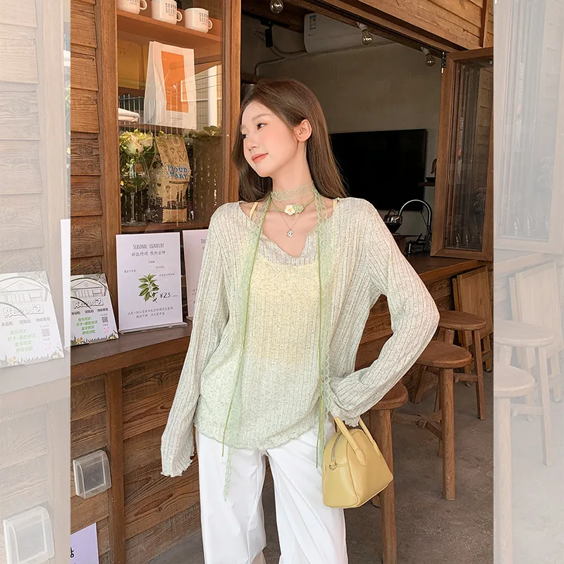 

Летняя новая стильная слегка прозрачная солнцезащитная блузка с рюшами по краям для женщин, свободная футболка с длинными рукавами Lazy Feel, милая