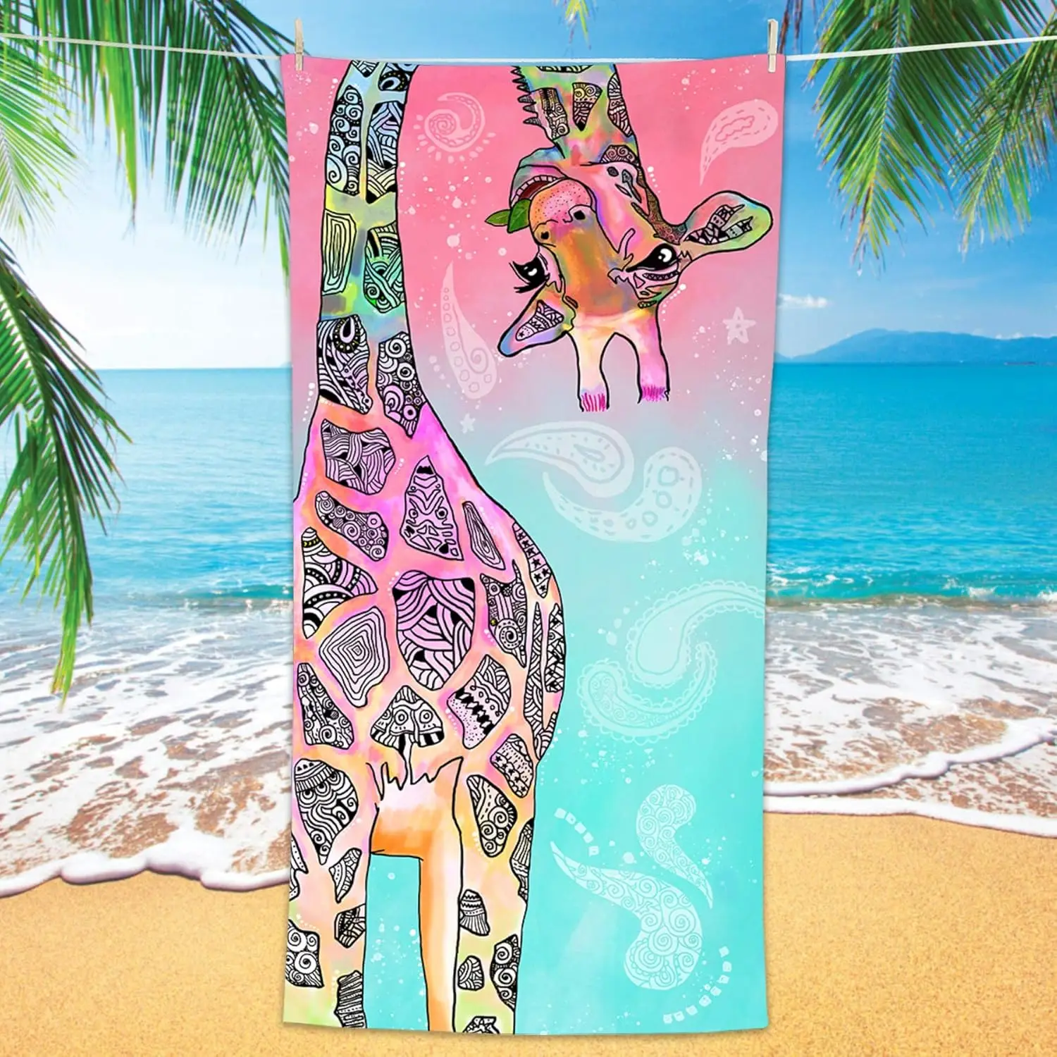 Beach Towel Cute Funny Teal Pink Mandala Giraffe Microfiber Bath Towel Gifts for Kids Women, Colorful Abstract Trippy