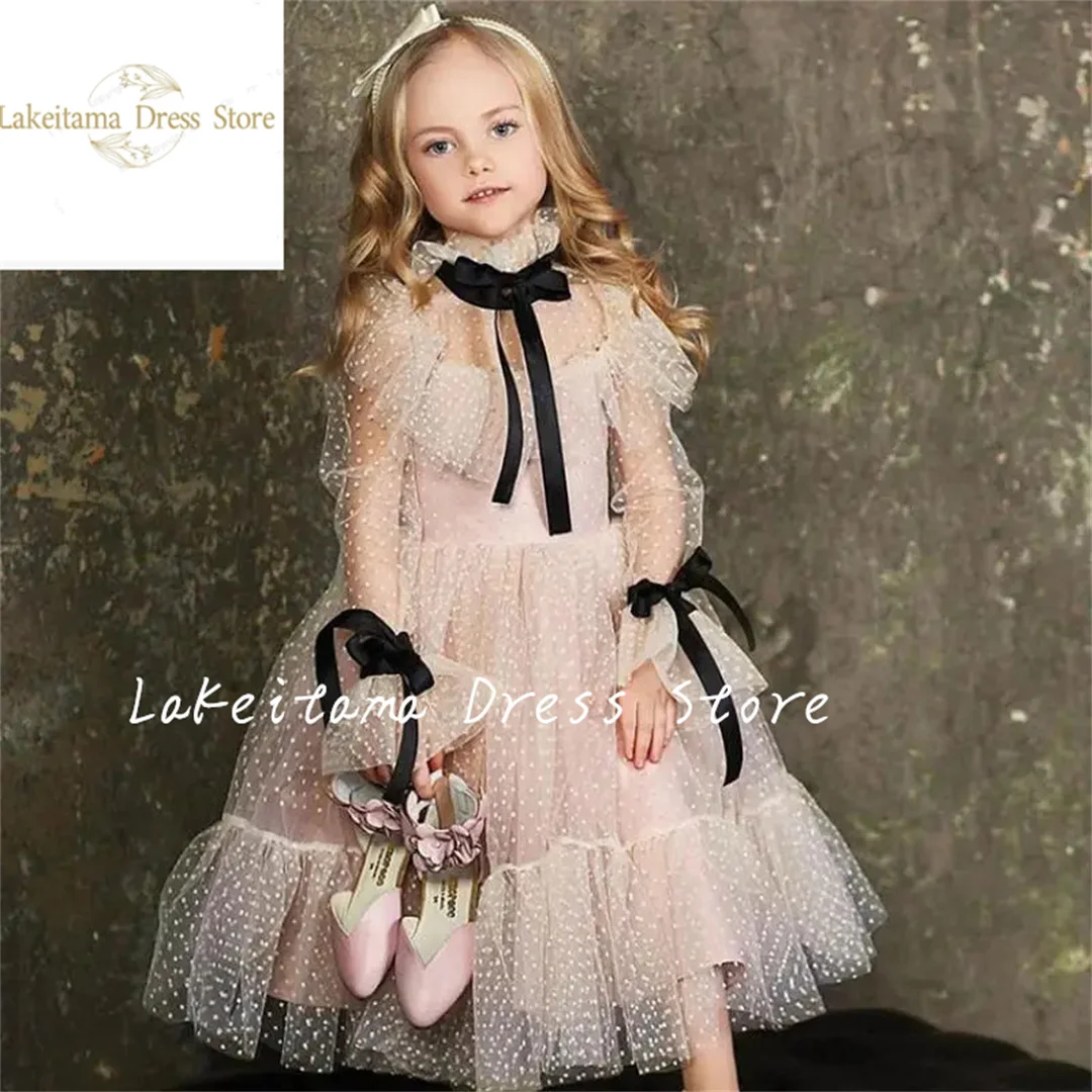 Light Pink Flower Girl Dresses Tulle With Bow Half Sleeve For Wedding Birthday Party Banquet Princess Gowns