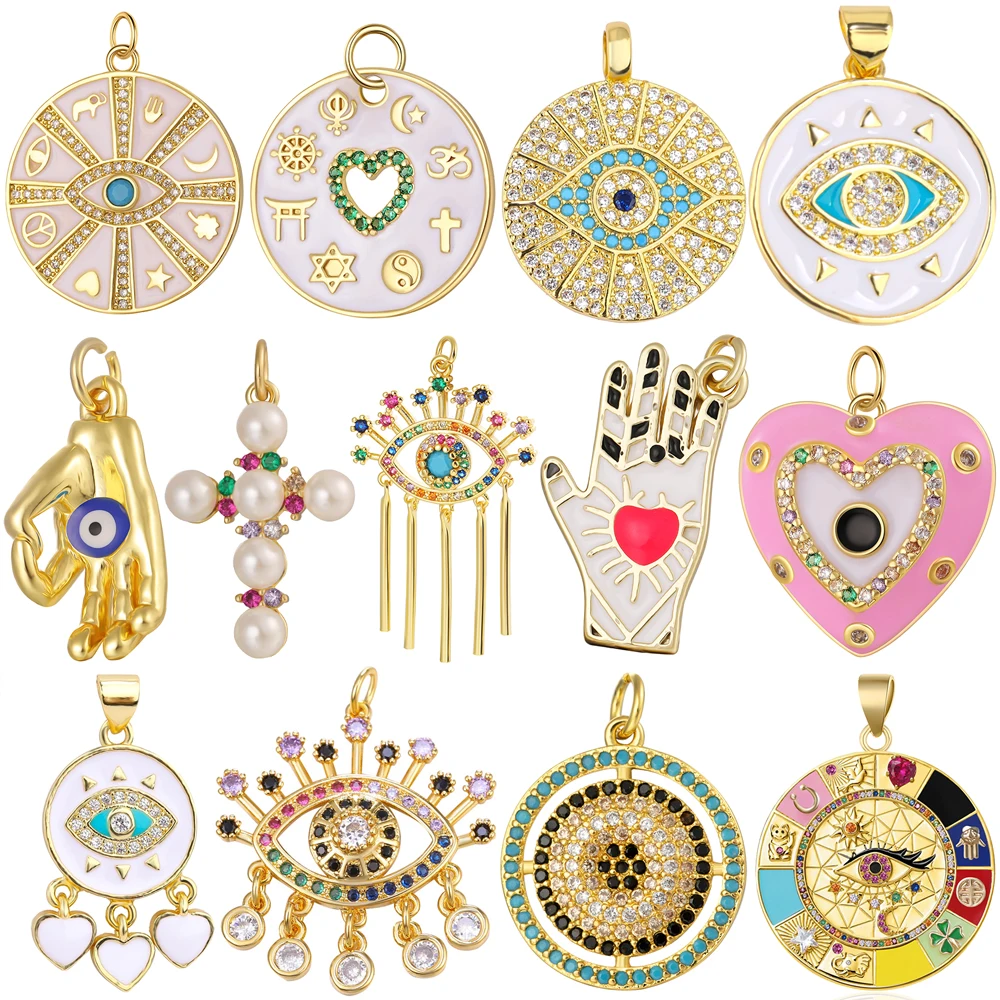 Juya 18K Gold Plated Handicraft Enamel Religious Hinduism Judaism Greek Evil Eye Charms For DIY Pendant Turkish Jewelry Making