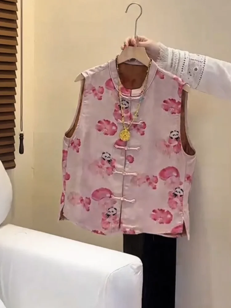 

New Chinese Sle Printed Top Women's Faion plus Size Summer 2025 Slimming Slim Fit Casual irt round Ne Single Button