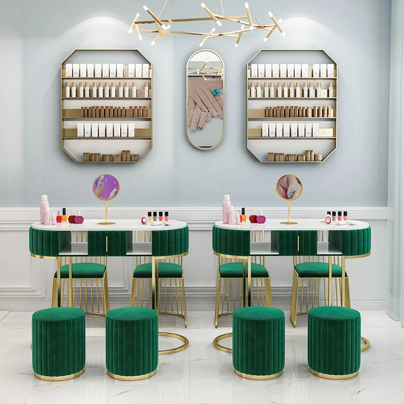 #Light Luxury Marble Nail Art Table And Chair Set, Double-layer Wrought Iron Single/Double Table With Sofa Chair