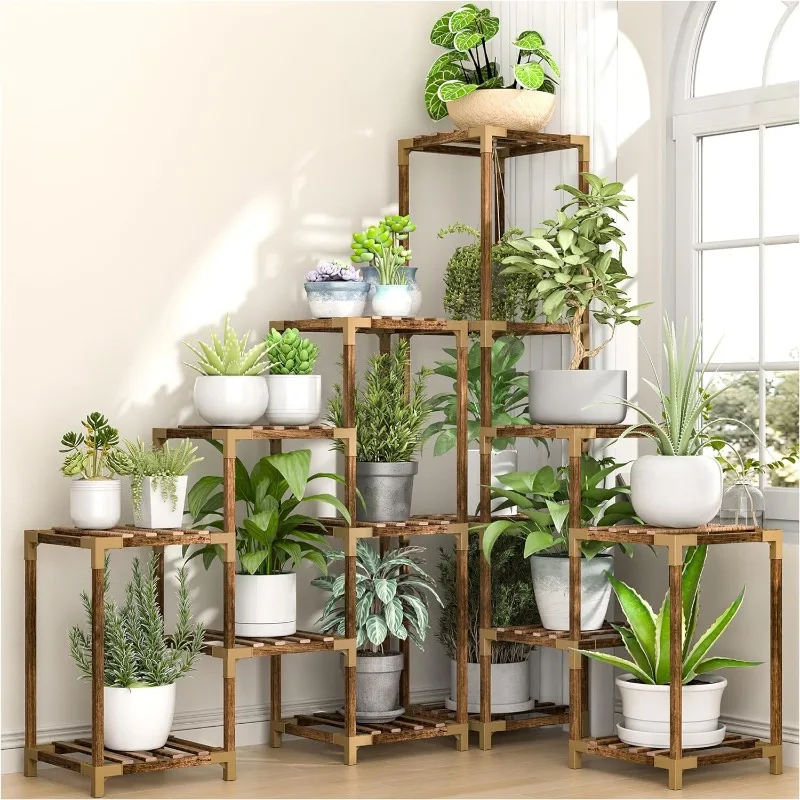 Indoor Outdoor for Multiple Plants, Large Tall Plant Shelf Rack Table Holder with Hanging Space Flower Stand