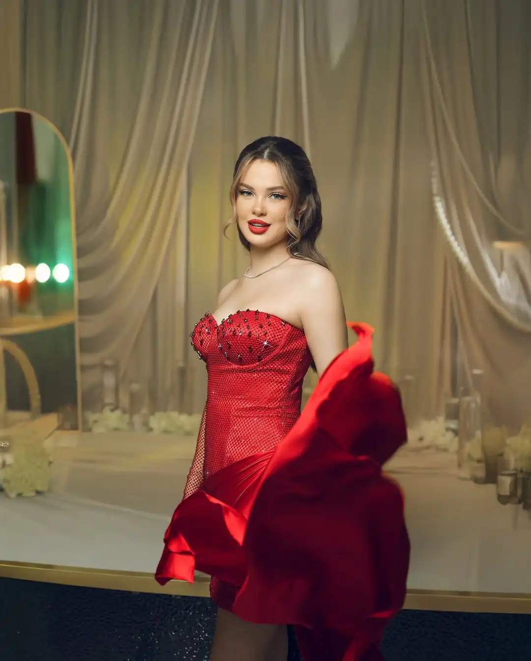 Design Sexy Sweetheart One Sleeves Net Crystal Corset Waist Pleated Ribbon Bodycon Mini Cocktail Evening Prom Formal Party Dress