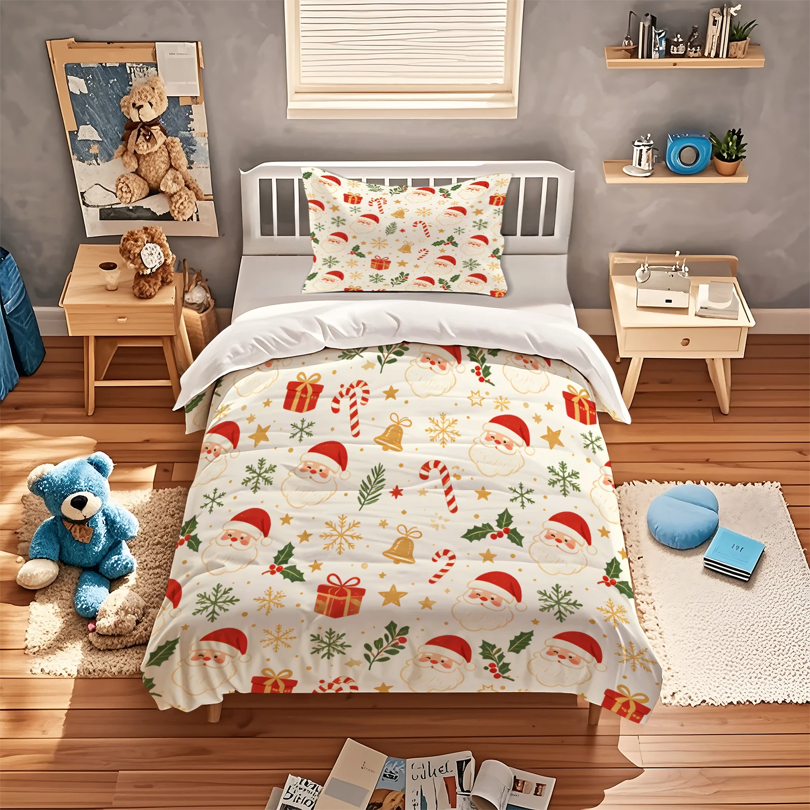 Classic Christmas Santa Claus Duvet Cover Set Xmas Gift Candy Cane Snowflake Bell Print Bedding Set Soft Polyester Quilt Cover