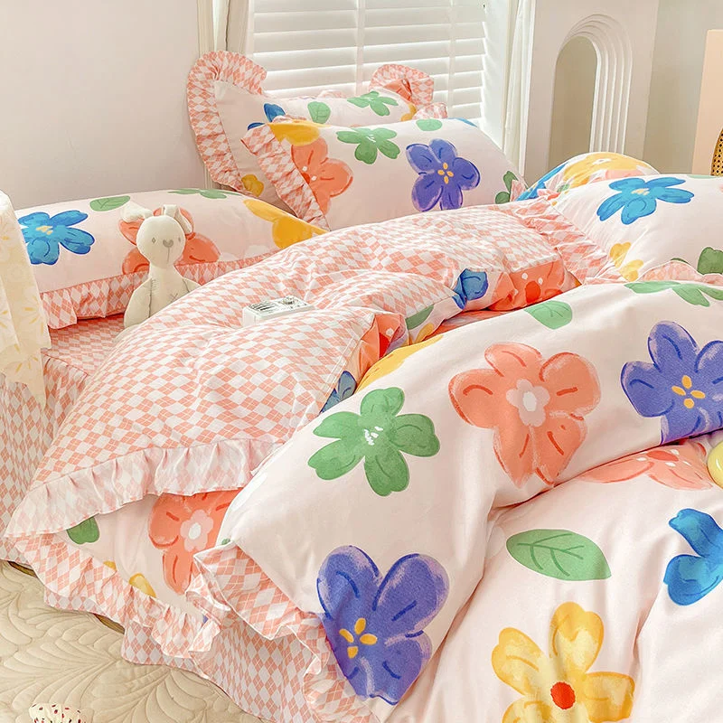 

Colourful Flower Bed Skirt Set Quilt Cover Ruffle Lace Korean Style Princess Brushed Thickened For Girls Bedding Set