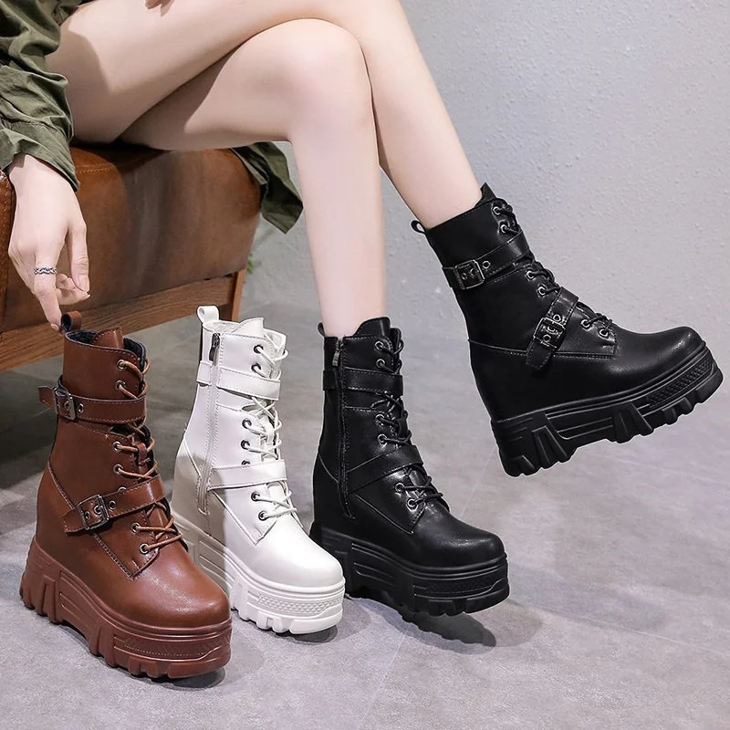 

Autumn Leather Women Ankle Boots Classic Gothic High Platform Chunky Shoes Winter Motorcycle Boots Warm Plush Sneakers