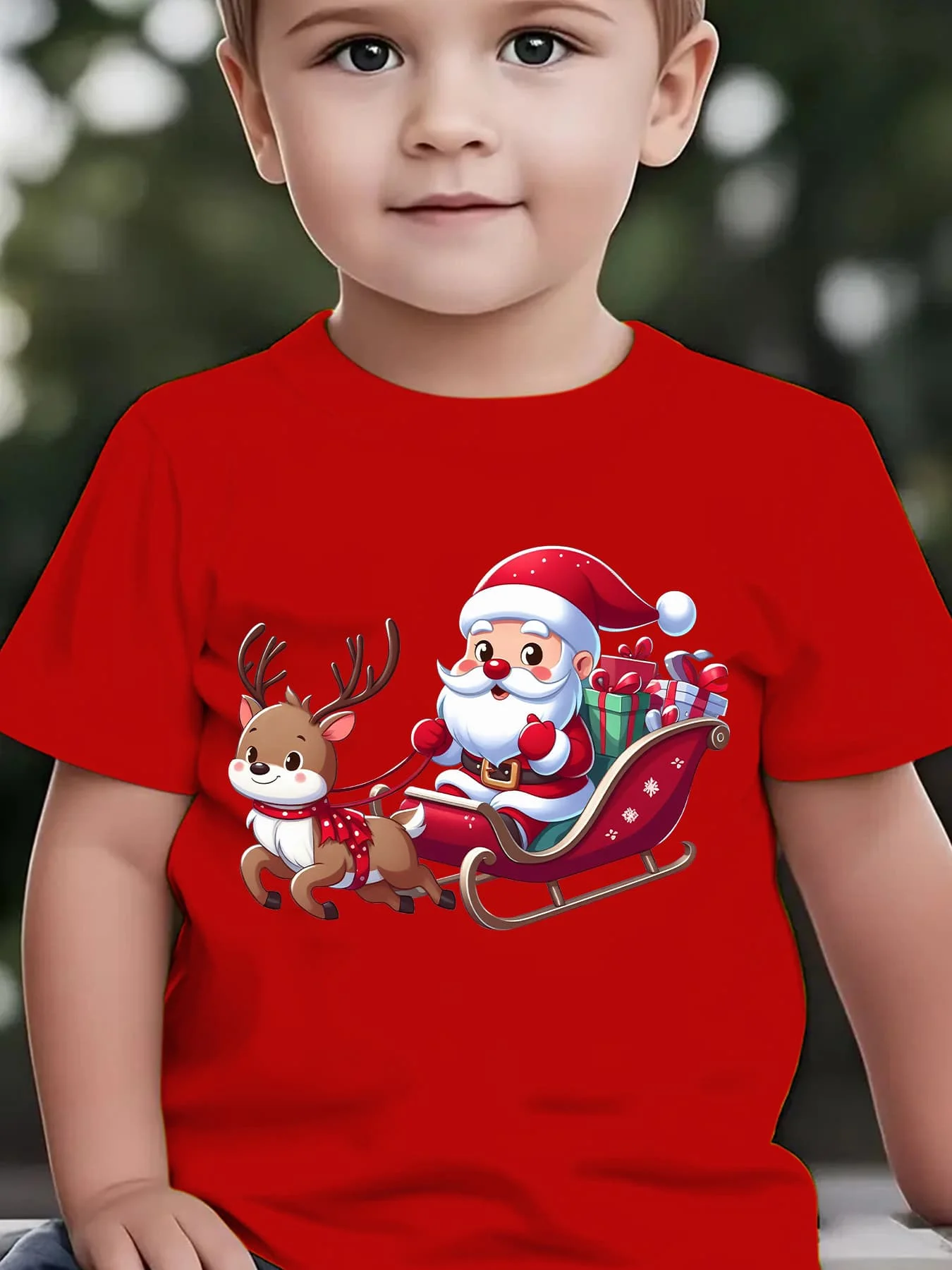 Children's Red Christmas T-shirt, Santa Claus and Rudolf Print Reindeer Antler Holiday Party Parent-child Costume