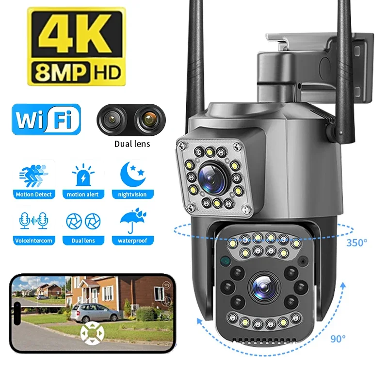 

WIFI Outdoor Surveillance Camera Dual-lens Video Security IP camera IP66 Waterproof with Two-way Audio Color Night Vision PTZ