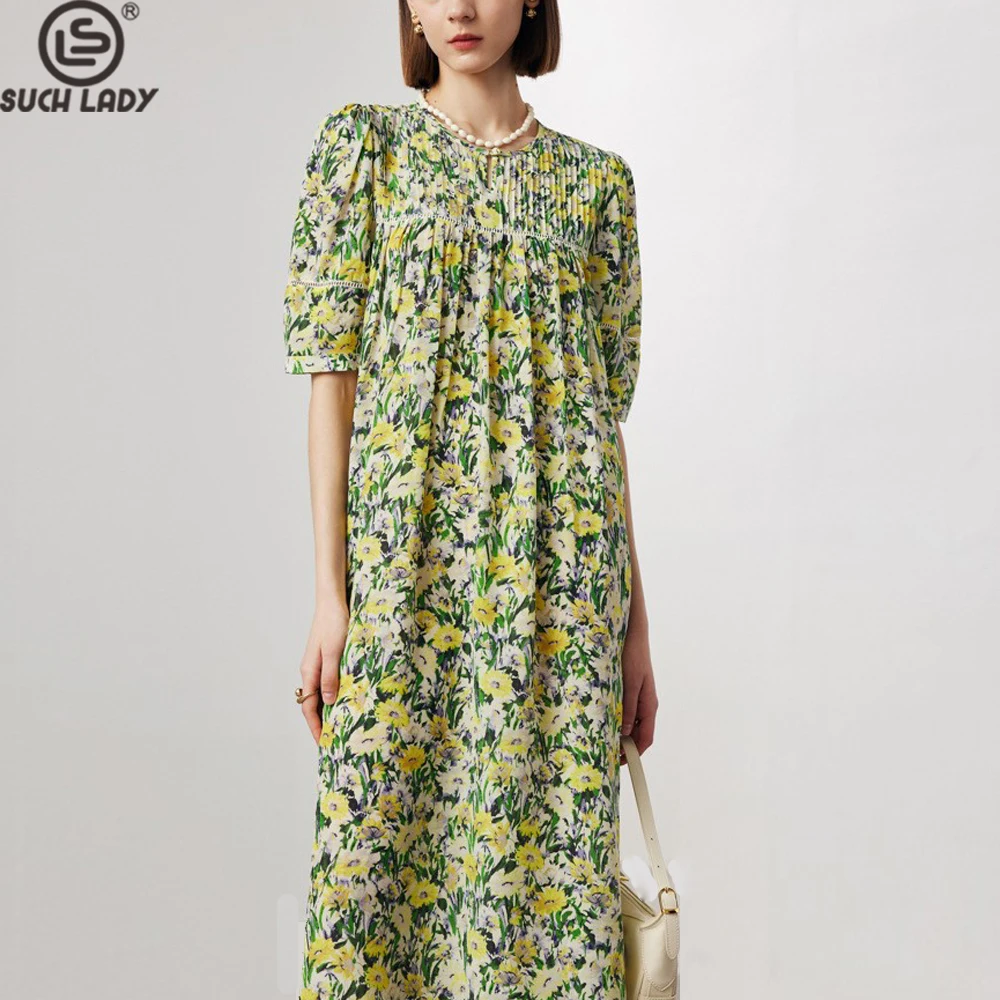 100% 天然シルクの女性のドレス O ネック半袖花柄プリントシャーリングハイストリートファッション Vestidos