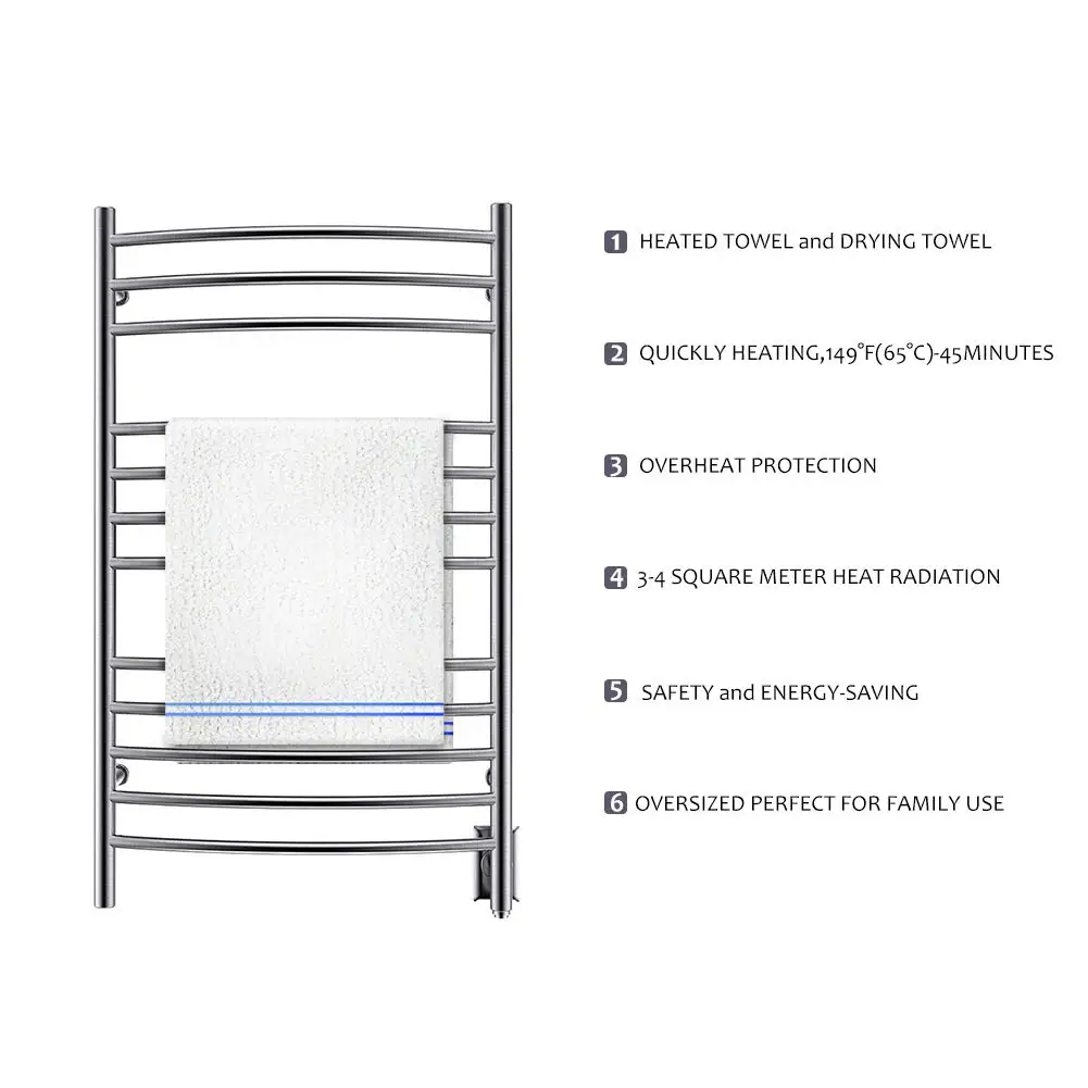 Scaldasalviette per montaggio a parete, portasciugamani riscaldato elettrico plug-in/cablato, finitura spazzola