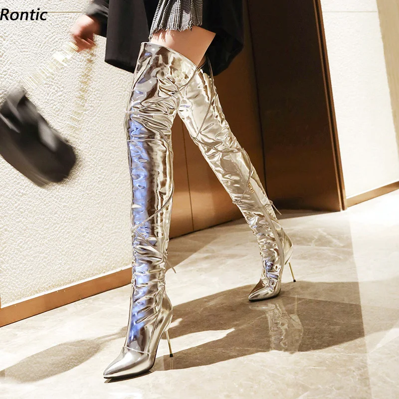 Rontic Women Winter Thigh Boots Patent Side Zipper Metal Heels Pointed Toe Gorgeous Silver Black Beige Party Shoes Size 5-15