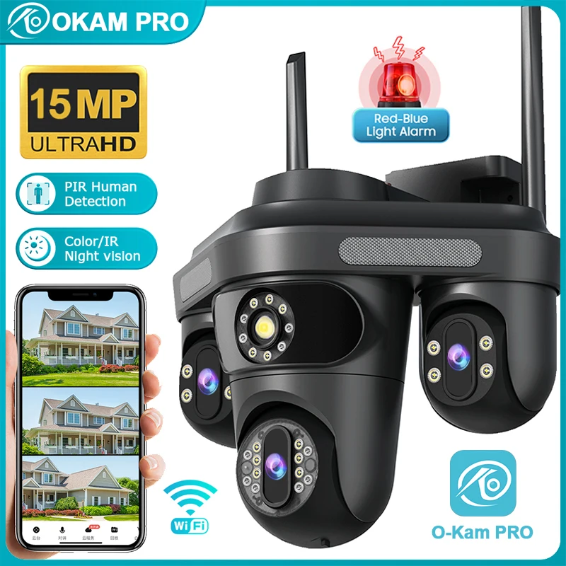 

OKAM PRO Outdoor Triple-Lens Camera WiFi HD 15MP Light Alarm Motion Tracking IP Camera Color Night Vision IP66 Waterproof CCTV