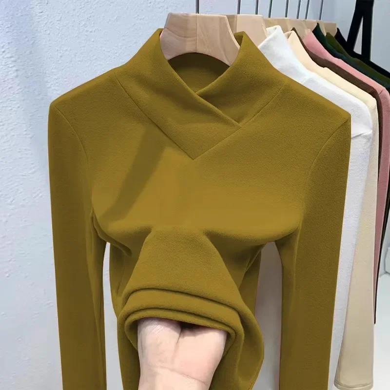 

Slim Fit Long Sleeve Base Shirt European Style Half High Collar Women's Fashion Autumn Winter New Arrival Velvet Inner Wear