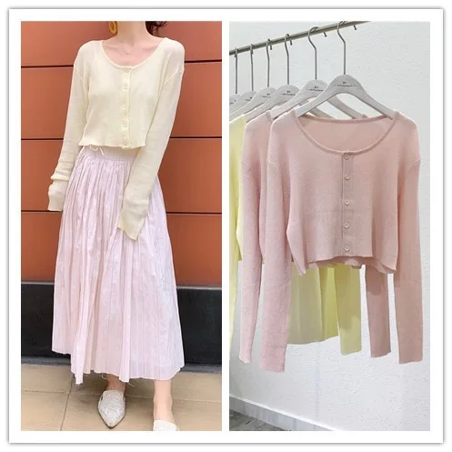 9017 Plus Size Internet Celebrity Gleicher Stil 3 Farben Kurze Strickjacke Jacke Rundhals Pullover Lose Sonnenschutz