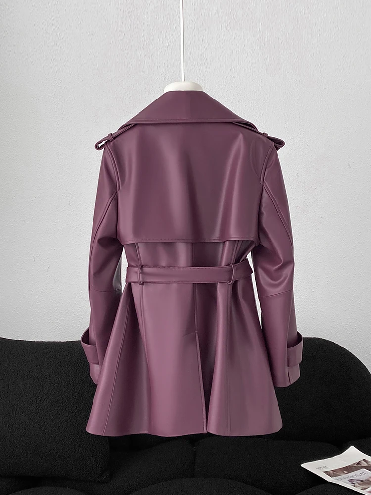 Genuine Leather Jacket For Women Plus Size 2025 Mid-length Spring And Autumn Fashion Brand Belt Lapel Short Trench Coat