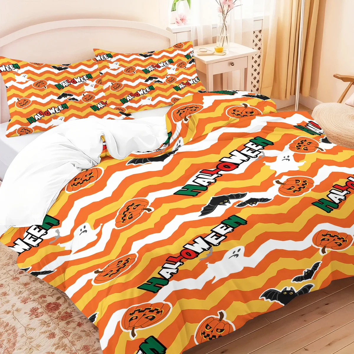 

3-piece Halloween pumpkin pattern, 1 quilt cover+2 pillowcases, coreless, soft and comfortable duvet cover set