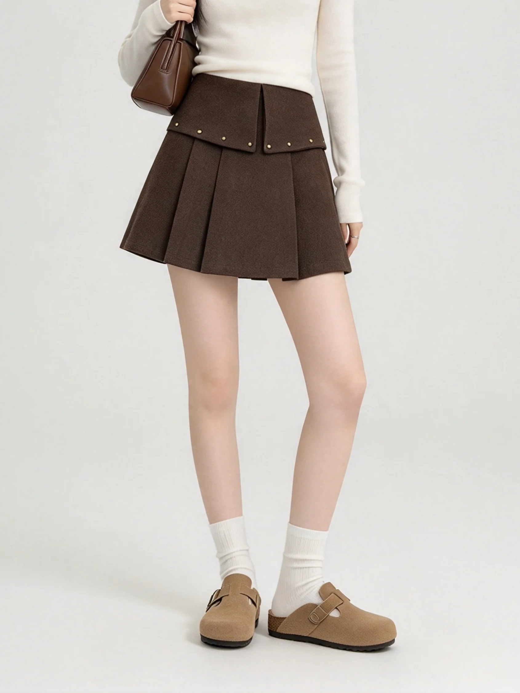 Retro Tweed Folded Hem Bead A-Line  Skirt High Waist Slim Fit Autumn Winter Women's Commute Korean Style Skirt