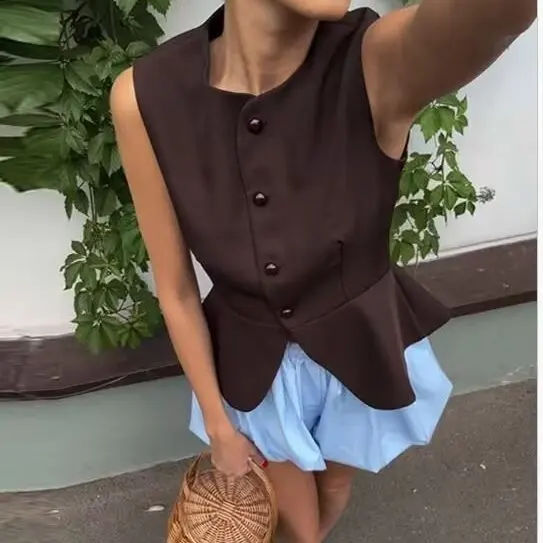 

Faionable Casual round Ne Svel Waist-Cinching Button-Up Vest Women's New Arrival Autumn 2025 Simple Design Commute ...