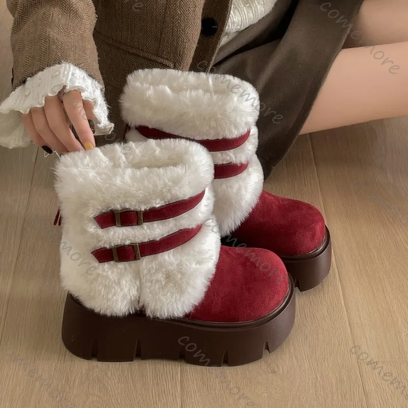 Comemore Winter Retro Thickened Women's Snow Boots Furry Warm Shoes for Women Heightened Suede Fashion Cotton Short Botines