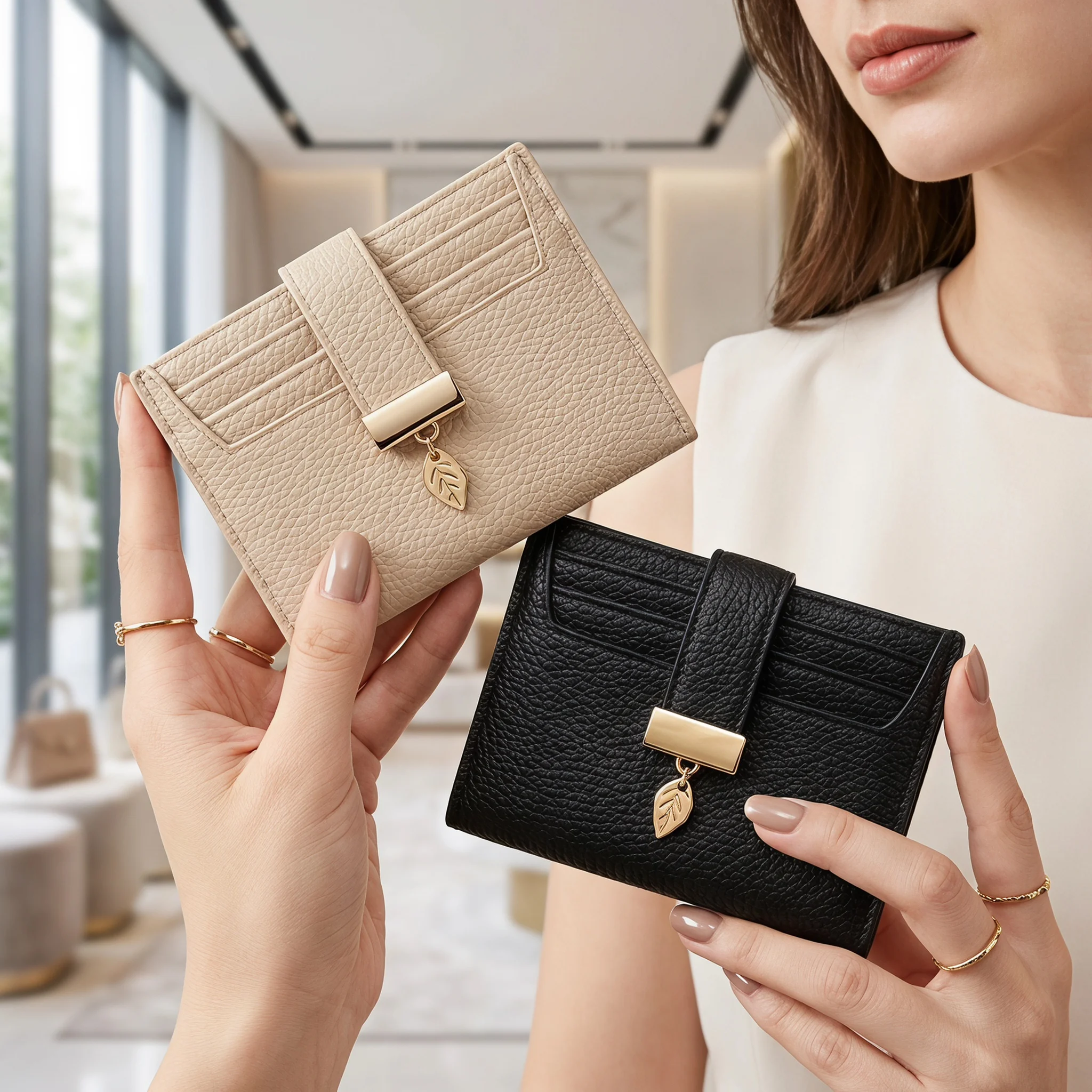 Pomelo Best Minimalist PU Card Holder for Women Ultra Thin Pocket Credit Wallet Stylish Leaf Pendant Multi Slot Portable Storage