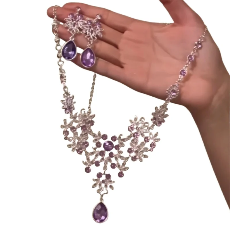 

Purple rhinestones zircon flower necklace earrings set women's premium dinner dress accessories collarbone chain