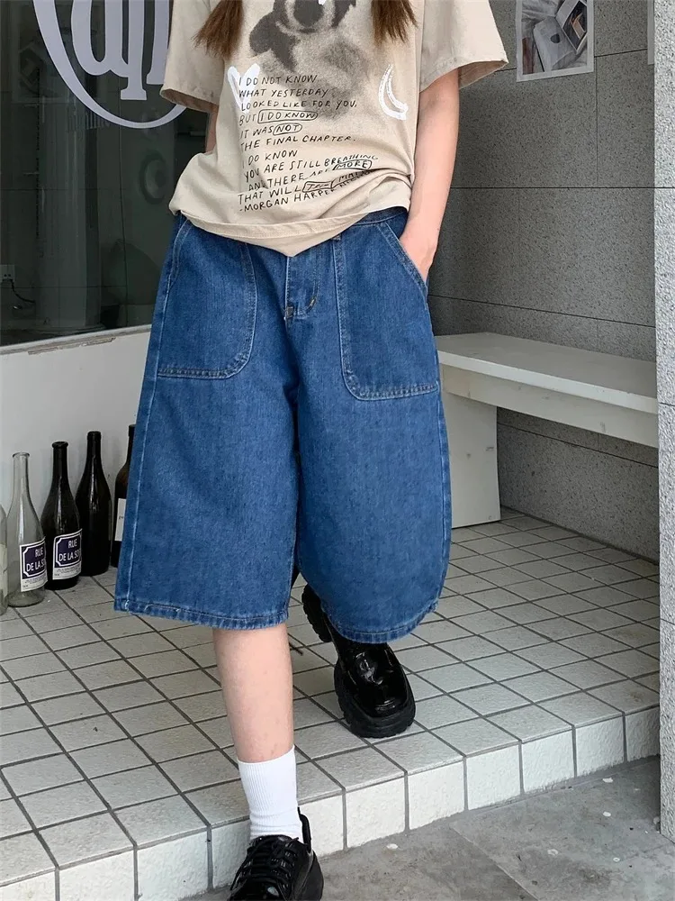 

Y2K Loose Neutral Large Pocket Wide Leg Denim Half Pants Women's Summer American Fashion Street Casual A-Line Blue Shorts Female