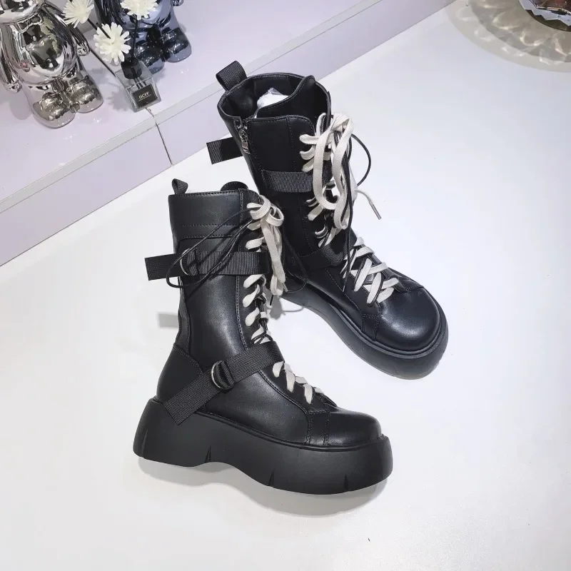 Botas Punk de suela gruesa con hebilla de Metal para mujer, zapatos hasta la rodilla góticos, con cuña, para Cosplay, 2024