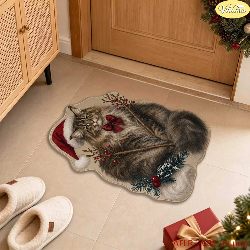 VIKAMA Calico Cat Christmas Irregular Shape Rug Bath Mat Non Slip Washable Soft Floor Carpet Decorations Home Cozy Farmhouse