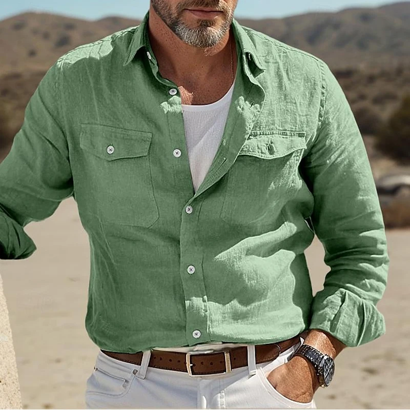 Stylish Solid Color Loose Long Sleeve Men Shirts Vintage Turn-down Collar Buttoned Pockets Cotton Shirt For Mens Autumn Cardigan