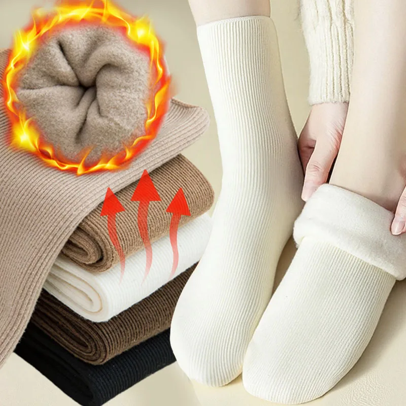 

Women Winter Wool Warm Socks Middle Tube Stocking Winter Thick Vertical Straight Board Plush Postpartum Sox Warmth Floor Hosiery