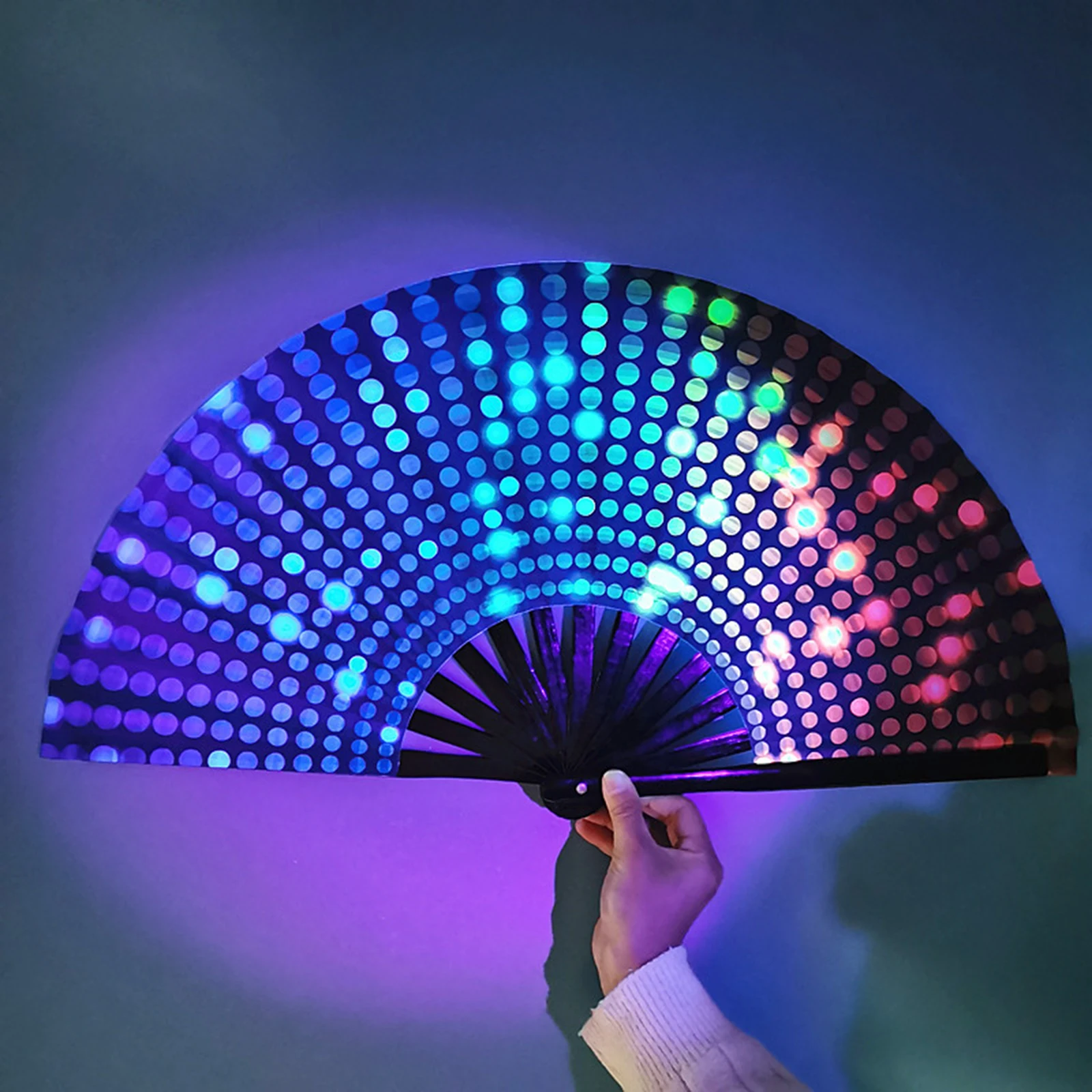 LED Folding Fan Fluorescent Rainbow Print Handheld Fan UV Kung Fu Fan for Festival Performance Dance Party Bar Club Decoration