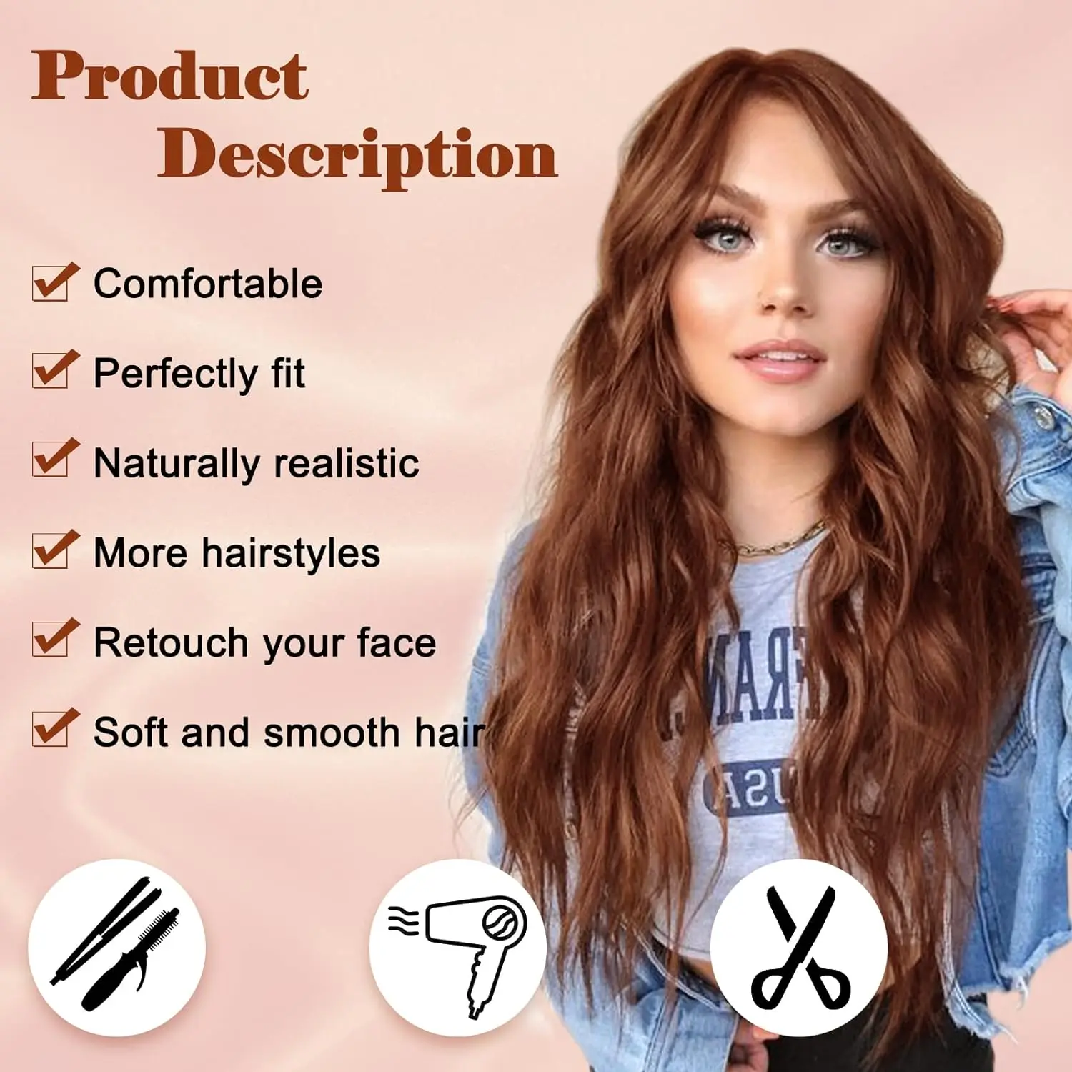 Synthetic Long Auburn Wavy Wig for Women Middle Part Curly Wavy Wig Natural Looking Heat Resistant Fiber Wig for Daily Party Use