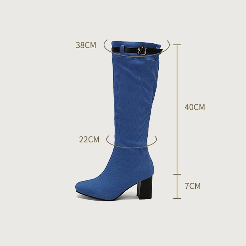 Green Blue Women Cozy Cloth Fabric Knee High Boots Fashion Square High Heels Autumn Winter Zipper Long Shoes Female Big Size 47