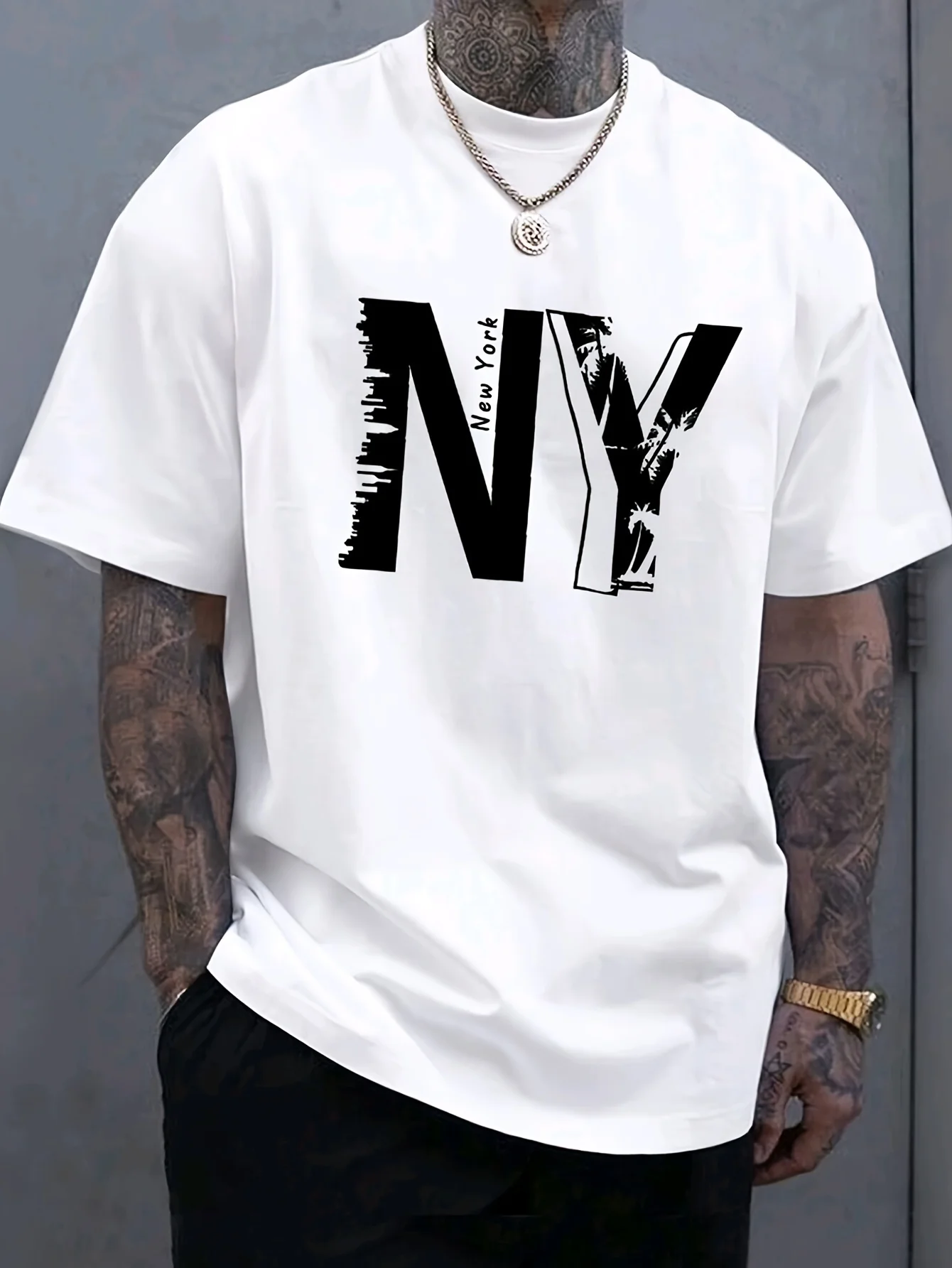 Summer men's 100% pure cotton casual loose plus size NY letter printed sports comfortable round neck short sleeved T-shirt top image 6