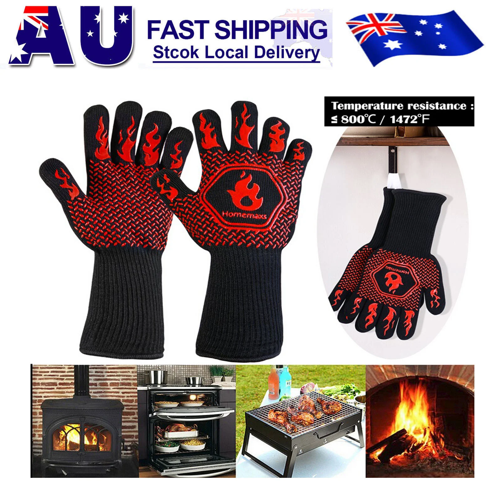 HOMEMAXS Pair of Oven Mitt Heat Resistant Lower Than 800℃ Cotton Silicone Protective BBQ Grilling Gloves (Black, Red)