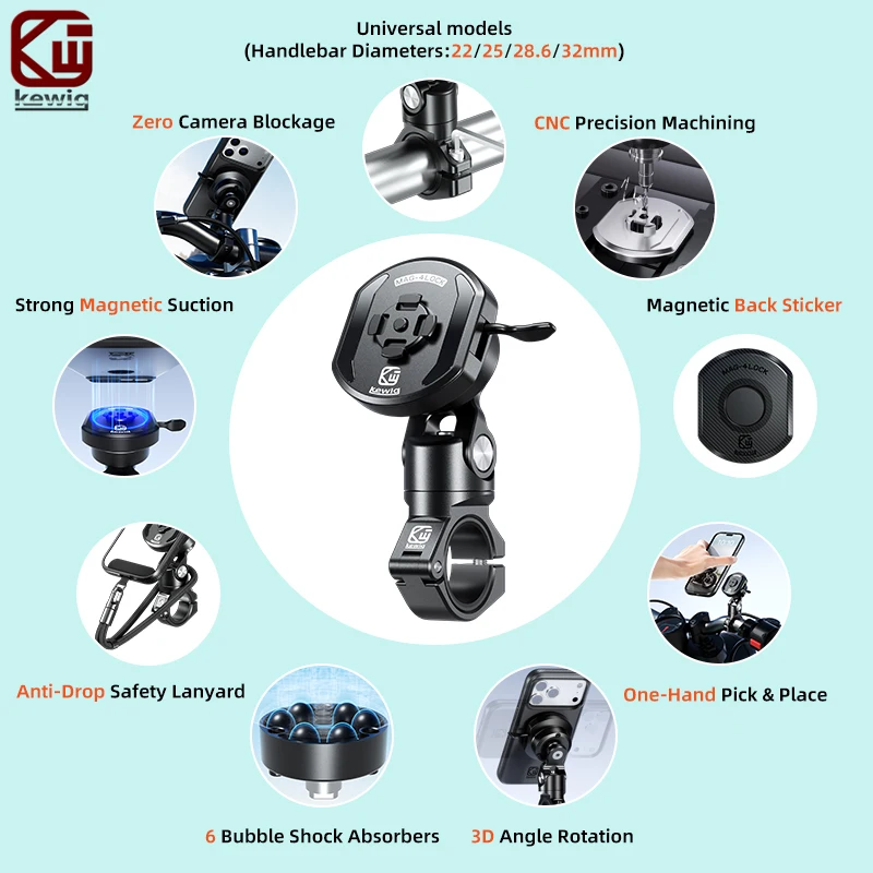 Kewig M36 Motorcycle Phone Holder With Vibration Dampener & Magnetic Back Sticker Motorbike Bicycle Bike Scooter ADV Phone Mount