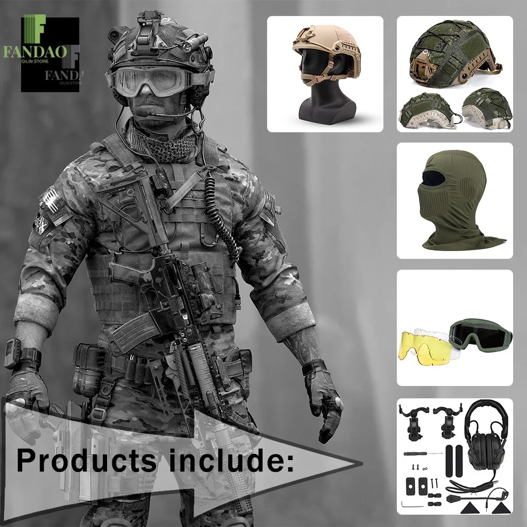 

Airsoft Tactical Helmet Set with Multicam Camo Helmet Cover & Communication Headset Protective Goggles Multi Pack Balaclava Mask