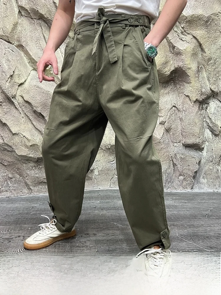 

High Street Sle Waed Cotton Casual Pants for Men Loose Fit Tapered Workwear Long Trousers Trendy Autumn Wear