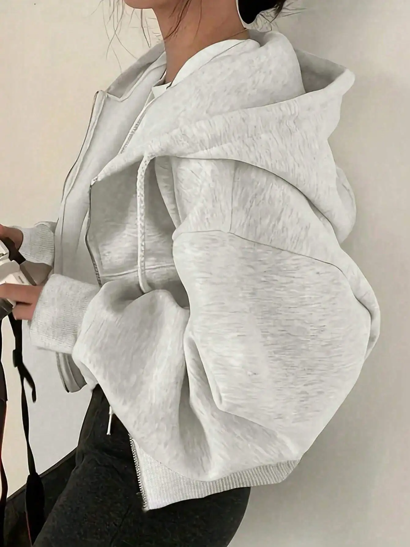 

Oversized Hooded Sweatshirt with Drawstring, Puff Sleeve, Distressed Texture, Fall Casual Wear