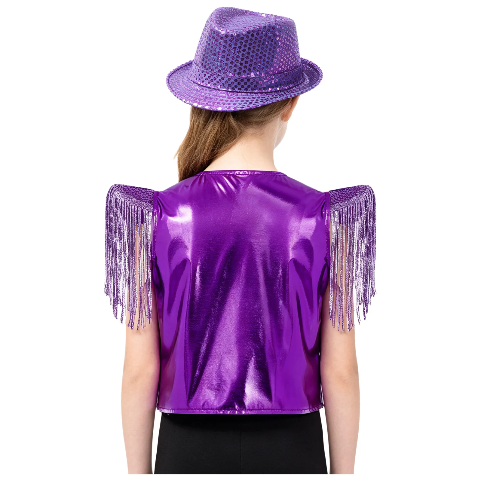 Kids Boys Girls Metallic Shiny Jazz Hip Hop Dance Outfit Cap Sleeves Tassel Sequins Waistcoats with Hat for 70s Disco Rave Party