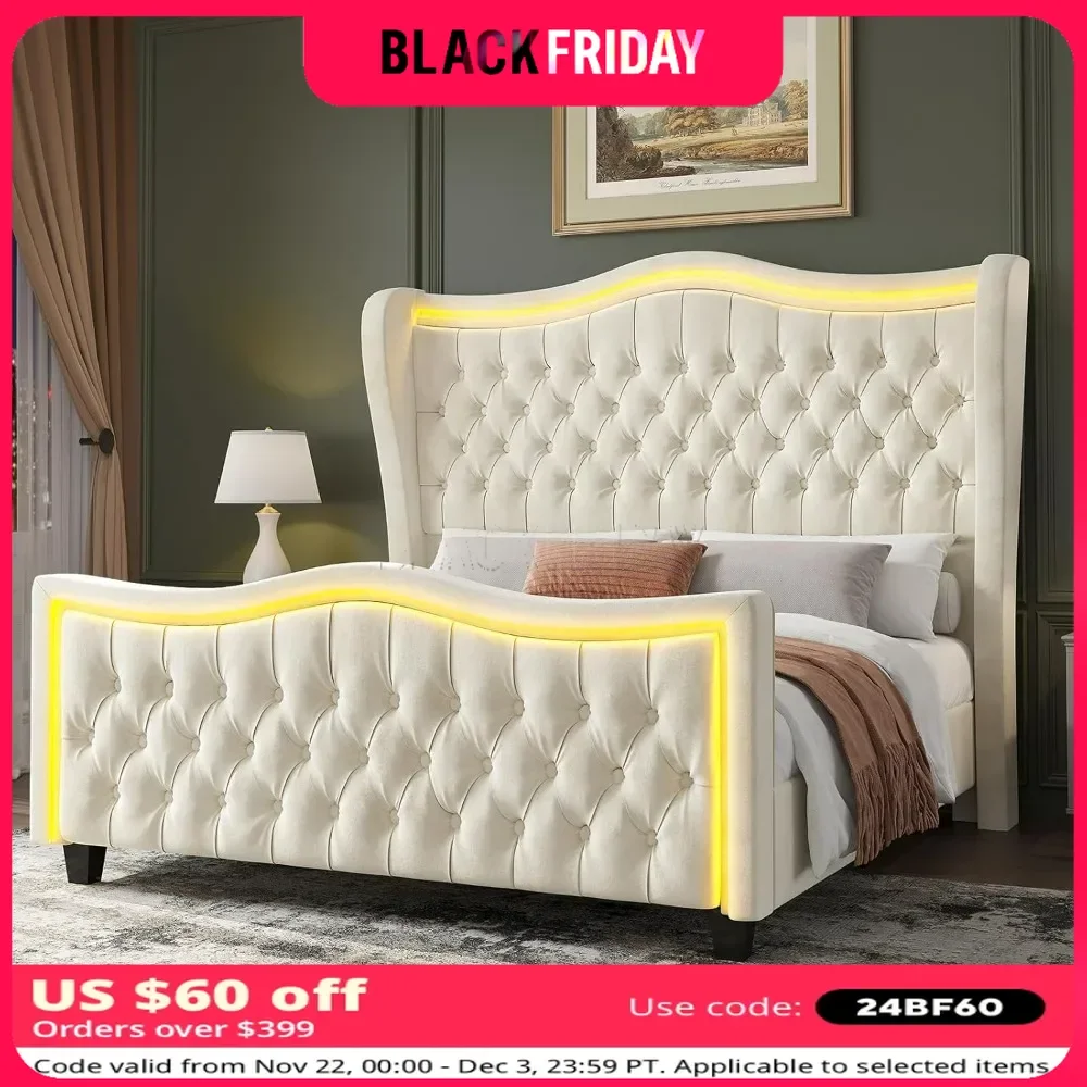 

King Size Bed Frame with LED Lights, 53'' Upholstered Platform Wingback Bed with Handmade Deep Button Tufted Headboard Footboard