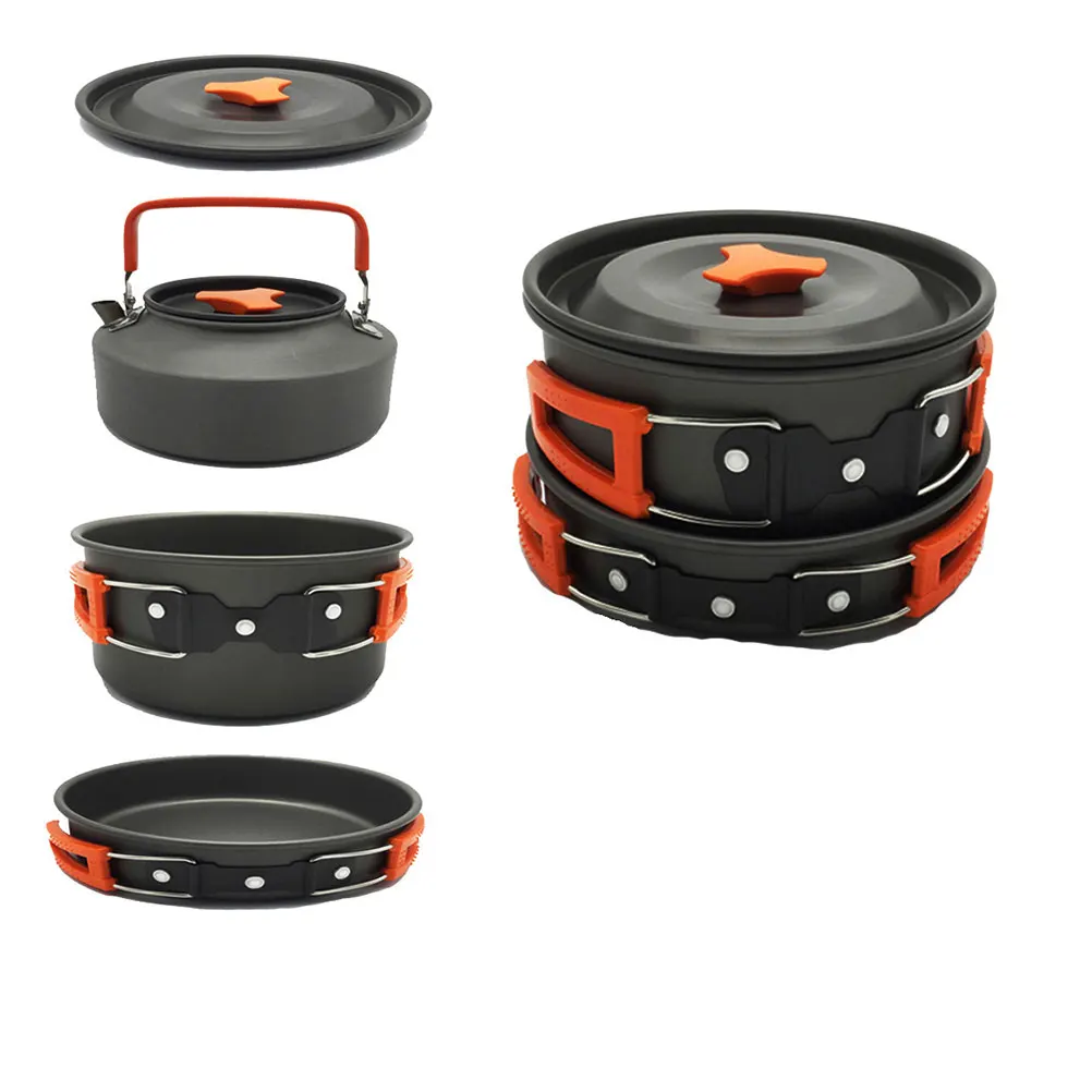 

1 Set Portable Camping Cookware Set Foldable Durable High Temp Resistant Cooking Pot Pan For Outdoor Hiking Bbq Supplies Orange